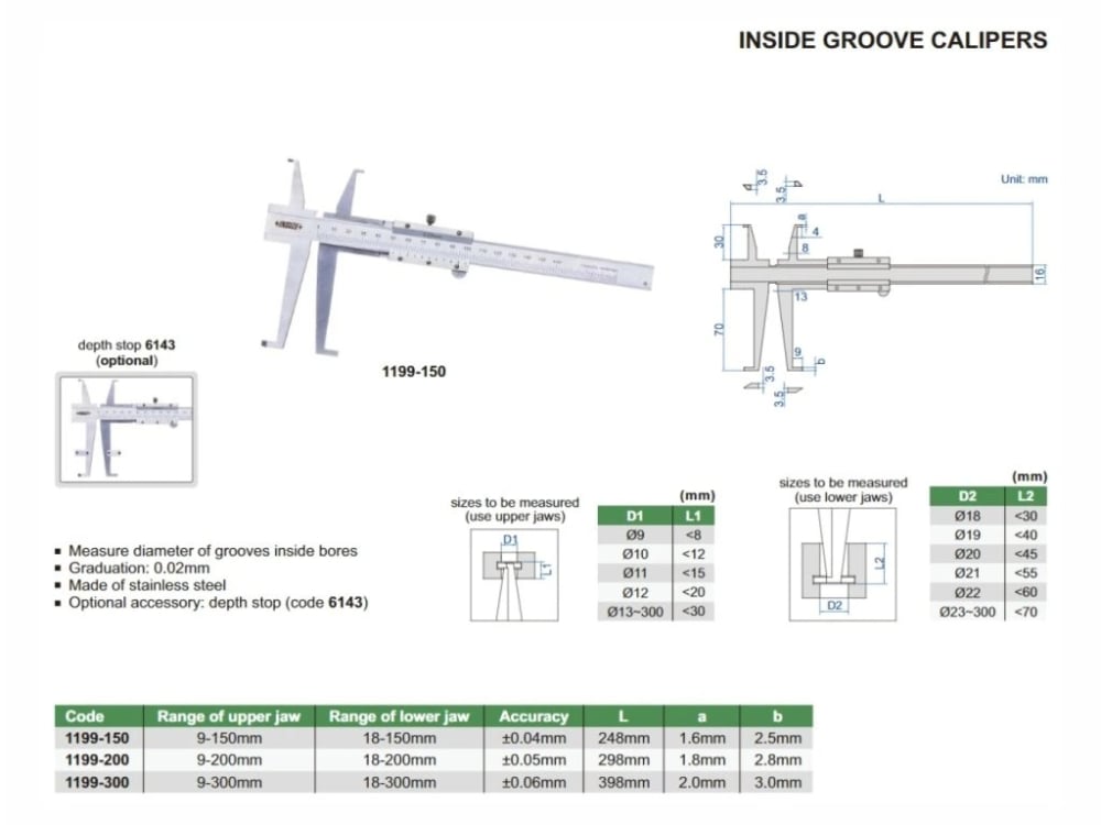 Subler mecanic INSIZE 9-200mm, rezolutie 0.02mm, ciocuri superioare 30mm si inferioare 70mm pentru caneluri [2]