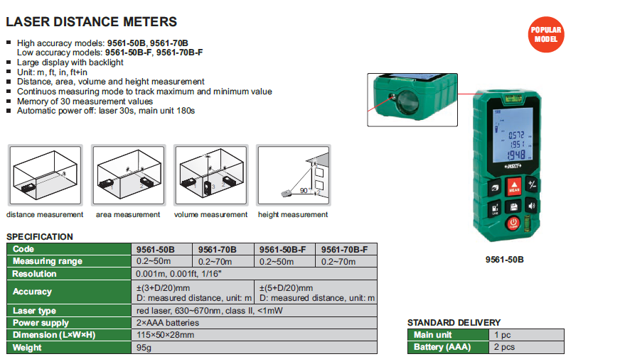 Telemetru laser 0.2-70m INSIZE, distanta, suprafata, volum, inaltime, memorie 30 masuratori [2]