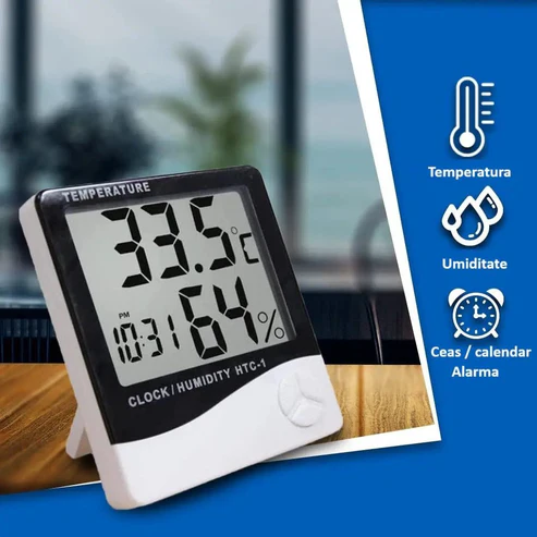 Termometru Higrometru digital HTC-1 temperatura -10°C la +50°C, umiditate 10% la 99% RH, data, ora, alarma [2]