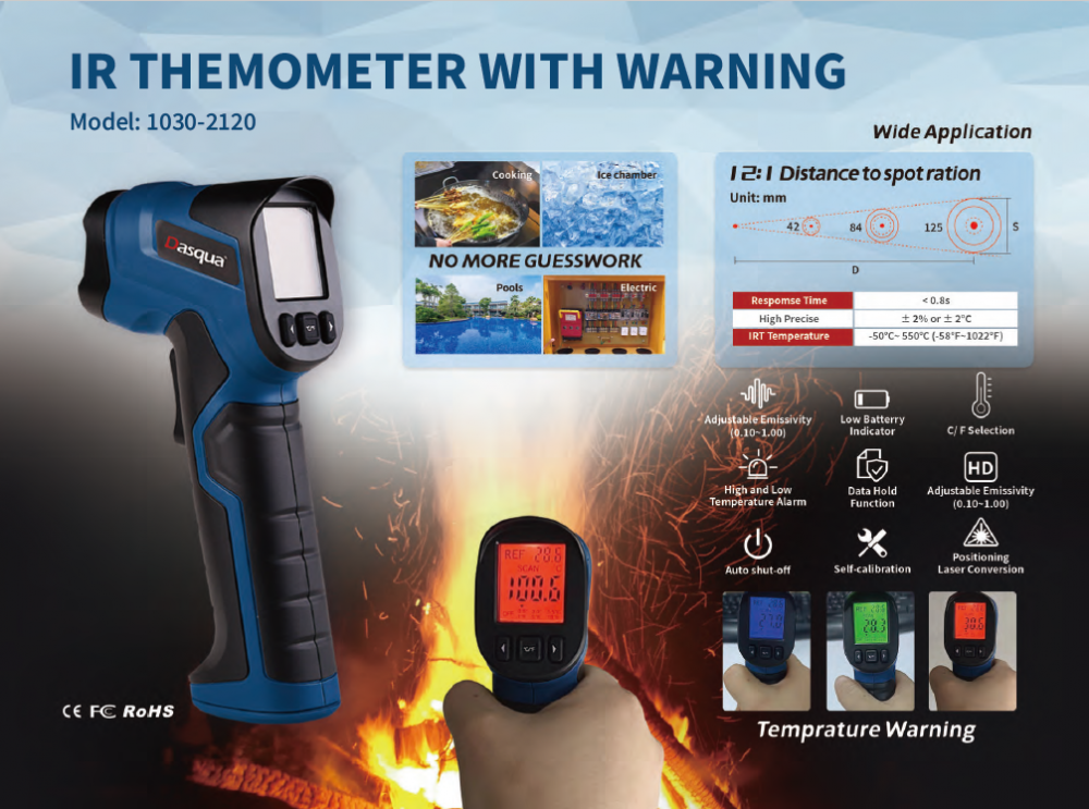 Termometru industrial cu infrarosu Dasqua -35°C pana la +550°C, afisaj color, laser, raport 12:1 [2]