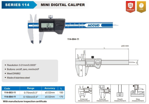 Subler digital mini ACCUD 0-75mm, rezolutie 0.01mm, precizie +/-0.02mm, inox [1]