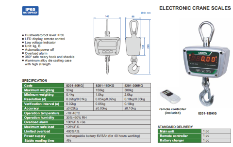 Cantar electronic cu carlig pentru macara INSIZE, 150 kg, IP65, LED, telecomanda [1]