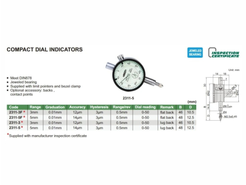 Ceas comparator mecanic compact INSIZE 0-3mm, rezolutie 0,01mm, precizie 12 µm [1]