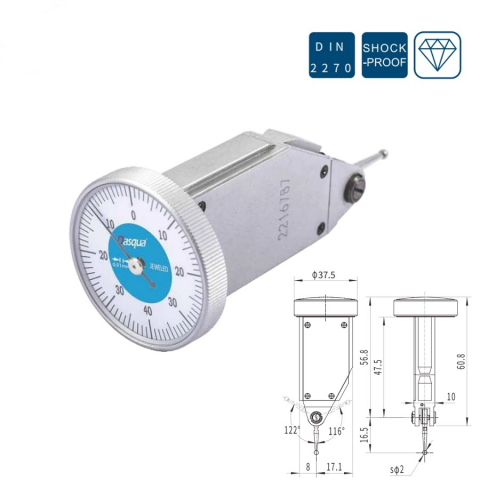 Ceasuri comparatoare cu levier - Ceas comparator mecanic cu levier Dasqua 0-8mm, gradatie 0,01mm, cadran 37,5mm, vertical