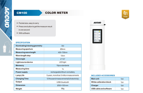 Colorimetru portabil de buzunar ACCUD CM100, apertura de masura Ø8mm, geometrie 8/d, spectru 400-700nm, conectivitate USB si Bluetooth, acumulator reincarcabil [1]