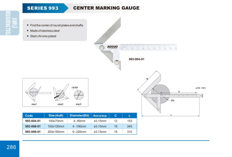 Echer de centrare ACCUD 150x130mm, pentru diametre 4-190mm, acuratete 0.15mm, otel inoxidabil [1]