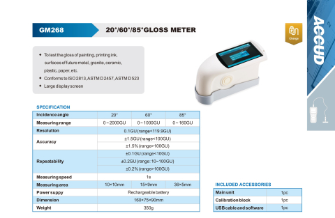 Glossmetru portabil multi-unghi ACCUD GM268 20°/60°/85°, masurare pana la 2000GU, rezolutie 0.1GU, baterie reincarcabila, conectivitate USB si software inclus [1]