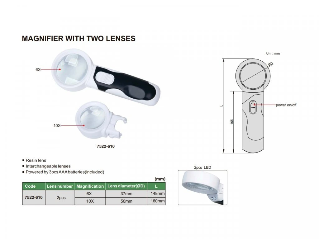 Lupa cu 2 lentile INSIZE, marire 6x si 10x, cu iluminare LED si baterii incluse [1]