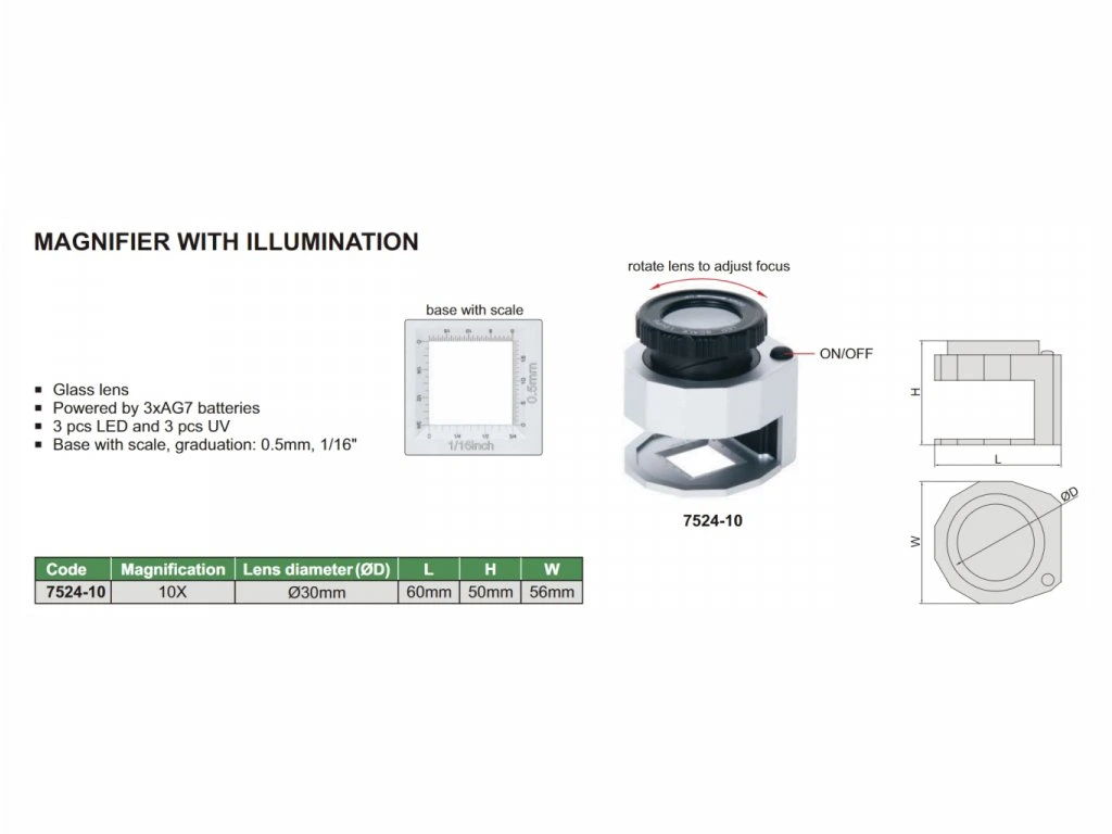 Lupa industriala INSIZE, marire 10x, lentila sticla Ø30mm, scala gradata 0,5mm, iluminare LED si UV [4]