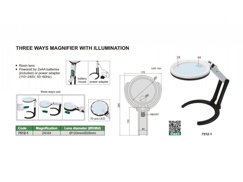 Lupa multifunctionala INSIZE cu LED, marire 2x si 4x, Ø120 mm, alimentare dubla [1]