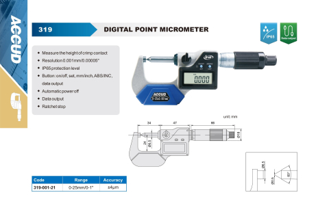 Micrometru digital cu varf ascutit ACCUD 319-001-21, 0-25mm, rezolutie 0.001mm, IP65 [1]