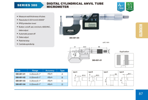 Micrometru digital pentru tevi ACCUD 380-001-03, 0-25mm x 0.001mm, nicovala cilindrica 27,5 x Φ8 mm, IP65 [1]