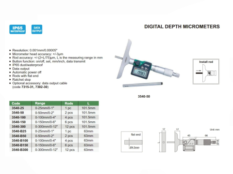 Micrometru digital de adancime INSIZE 0-300mm x 0,001mm, talpa 101,5mm, IP65 [1]