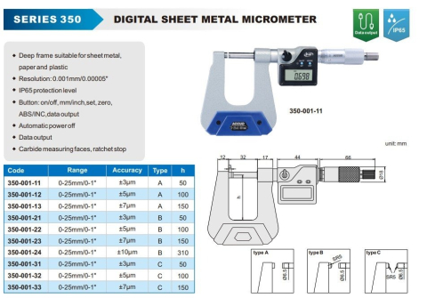 Micrometru digital pentru grosime tabla ACCUD 0-25mm x 0.001mm, profunzime 100mm, tip B [1]