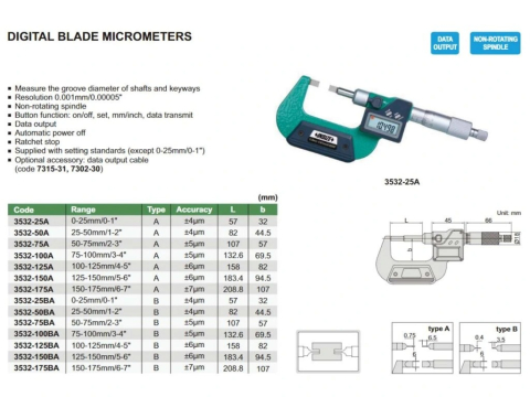 Micrometru digital caneluri INSIZE 50-75mm, lama 3,5x0,4mm, rezolutie 0,001mm, tip B [1]