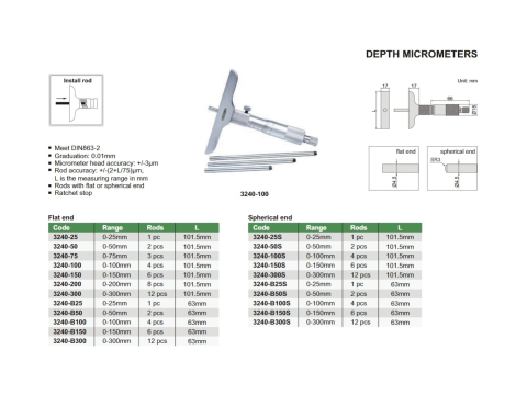 Micrometru mecanic de adancime INSIZE 0-300mm, rezolutie 0,01mm, talpa 101,5mm, tija plata [1]