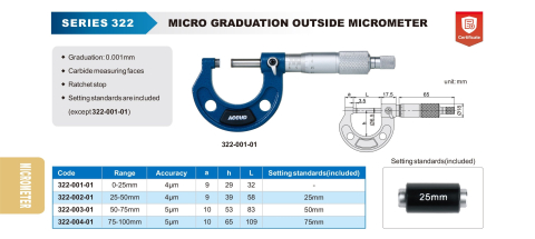 Micrometru mecanic de exterior ACCUD 50-75mm x 0.001mm x 0.005mm, clichet, carbura [1]