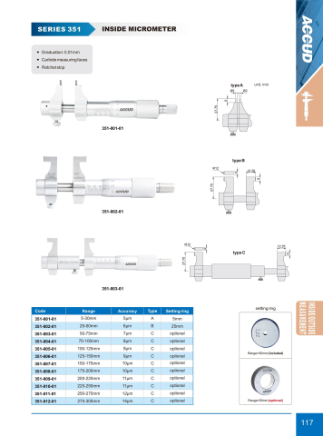 Micrometru mecanic de interior ACCUD 50–75mm, rezolutie 0,01mm, precizie +/-0,007mm, tip C [1]