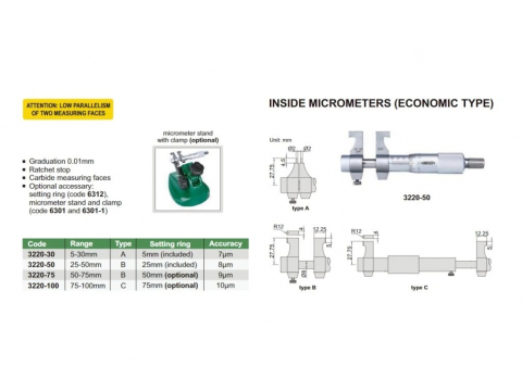 Micrometru mecanic de interior 2 puncte INSIZE 50-75mm, rezolutie 0,01mm, tip B [1]