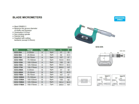 Micrometru mecanic caneluri INSIZE 0-25mm, lama 6,5x0,75mm, rezolutie 0,01mm, tip A [1]