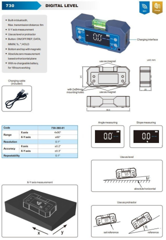Raportor si nivela digitala cu Bluetooth ACCUD 0–360°, 2 axe, bula, talpi magnetice, acumulator [1]