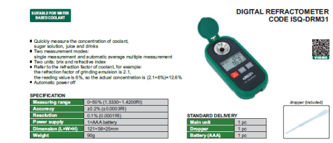 Refractometru digital INSIZE ISQ-DRM31, interval 0-50% Brix 1.3330-1.4200 RI, rezolutie 0.1%, masurare rapida emulsii de racire, zahar si sucuri [1]