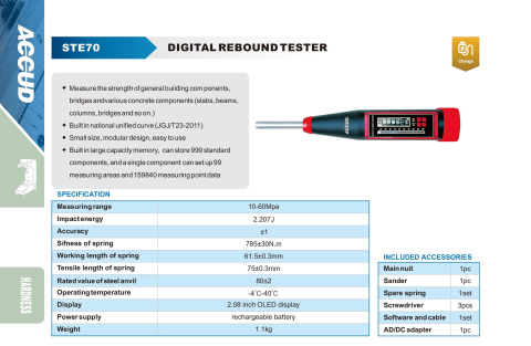 Sclerometru digital pentru beton ACCUD STE70, 10-60 Mpa, energie de impact 2.207 J, ecran OLED, memorie integrata [1]