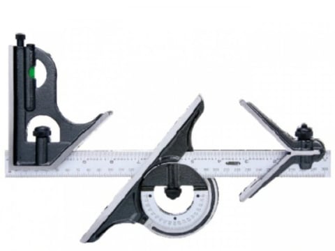 Instrumente de masurat planeitati si unghiuri - Set echer combinat 4 piese INSIZE, rigla 300 mm, echer 45°/90°, raportor 0-180°, cap centrare