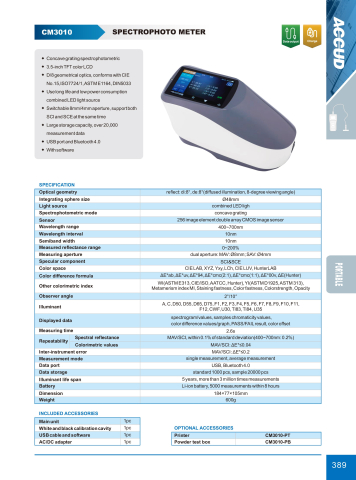 Spectrofotometru portabil ACCUD CM3010, dubla apertura MAV Ø8mm si SAV Ø4mm, geometrie D/8, SCI/SCE, retea concava, senzori CMOS, USB si Bluetooth [1]