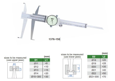 Subler cu cadran pentru caneluri interioare INSIZE 11-300 mm, precizie ±0,04 mm [1]