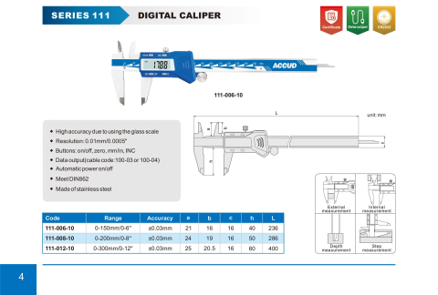 Subler digital ACCUD 111-006-10W cu rigla din sticla, 0-150mm x 0.01mm, precizie +/-0.03mm, functie ABS, inox, date [1]