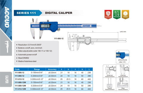 Subler digital ACCUD 111-006-12, domeniu 0-150mm x 0.01mm, precizie +/-0.03mm, rola avans, inox, date [1]