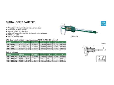 Subler digital ciocuri ascutite INSIZE 200mm, rezolutie 0.01mm, precizie +/-0.03mm [1]