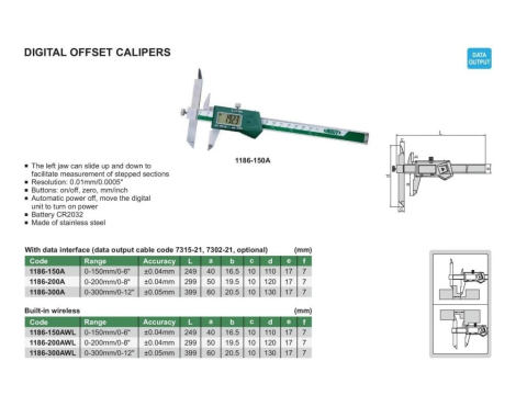 Subler digital cu ciocuri frontale mobile INSIZE 150mm, rezolutie 0,01mm, precizie +/-0,04mm [1]