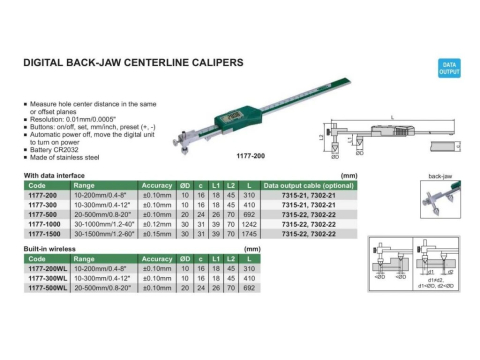 Subler digital cu palpatoare conice INSIZE 10-200mm, rezolutie 0.01mm, pentru distante intre centrele orificiilor [1]