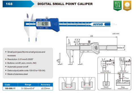 Subler digital cu varfuri inguste ACCUD, domeniu 0-150mm, pentru caneluri mici [1]