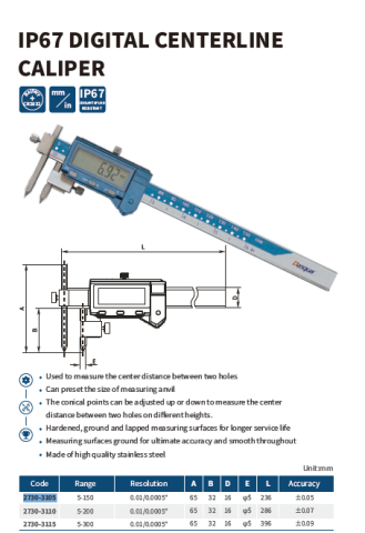 Subler digital Dasqua 5-150mm x 0.01mm, pentru masurat distante intre gauri, IP67 [1]