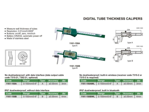 Subler digital pentru masurat grosimea peretilor tevilor INSIZE 150mm, rezolutie 0,01mm, precizie +/-0,05mm [1]