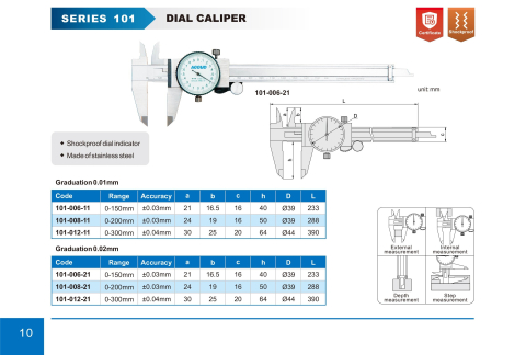 Subler mecanic cu cadran rezistent la socuri ACCUD 0-200mmx0.01mm, precizie +/- 0,03mm, INOX [1]