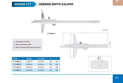 Subler mecanic de adancime ACCUD 0–200 mm, diviziune 0.02 mm, precizie 0.03 mm, monobloc [1]