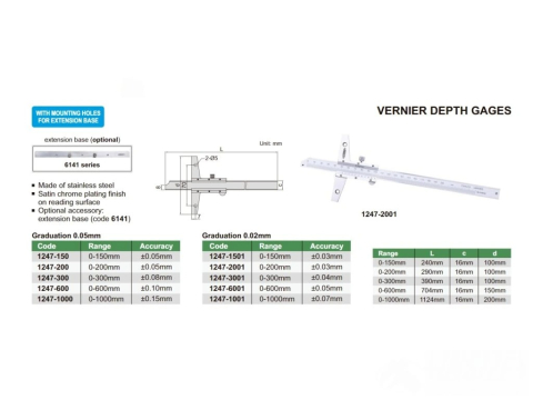 Subler mecanic de adancime cu gauri de extensie INSIZE 0-300 mm, diviziune 0.02 mm [1]
