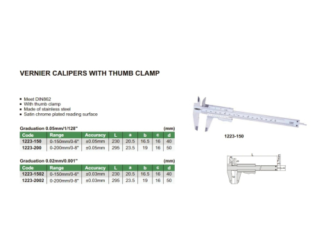 Subler mecanic cu blocaj instant INSIZE 150mm, rezolutie 0,02mm, precizie +/-0,03mm [1]