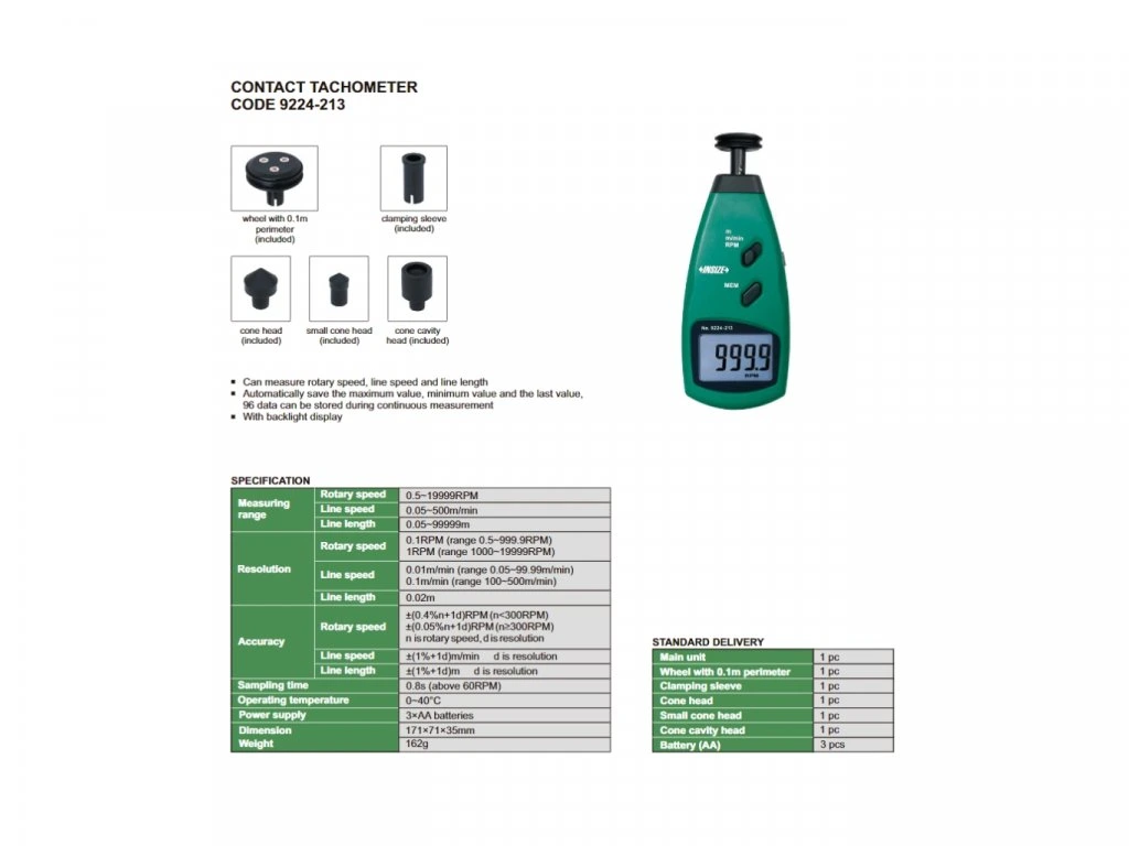 Tahometru digital cu contact INSIZE 0,5–19999 RPM, memorie 96 valori [1]