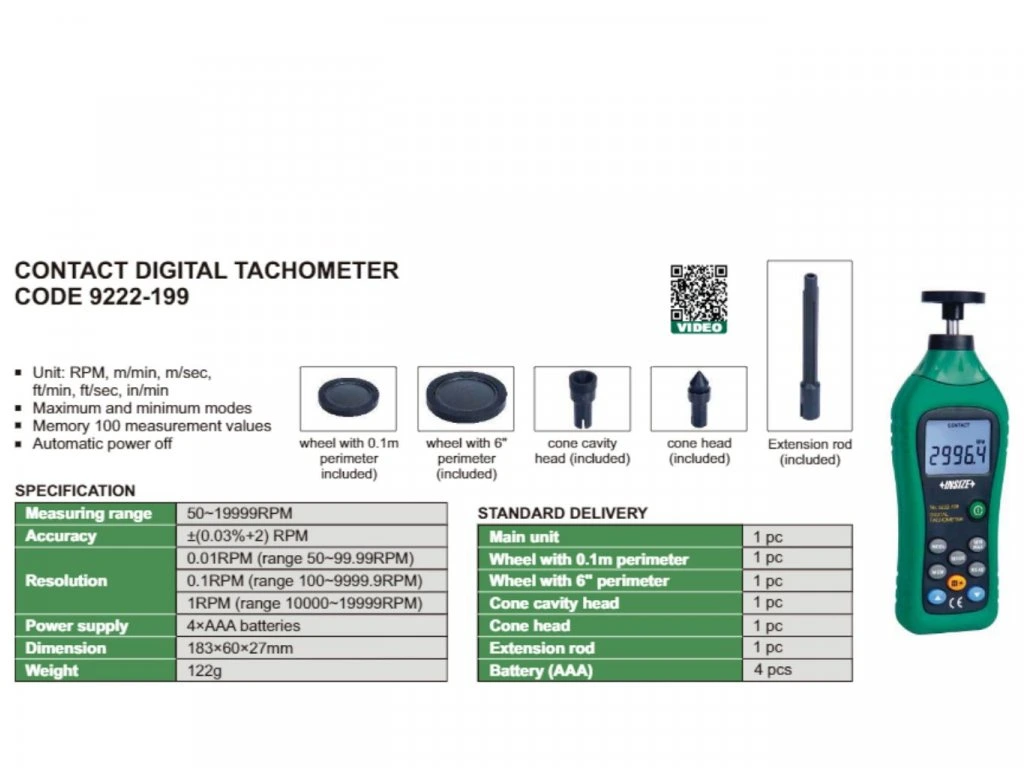 Tahometru digital cu contact INSIZE 50–19999 RPM, memorie 100 valori [1]