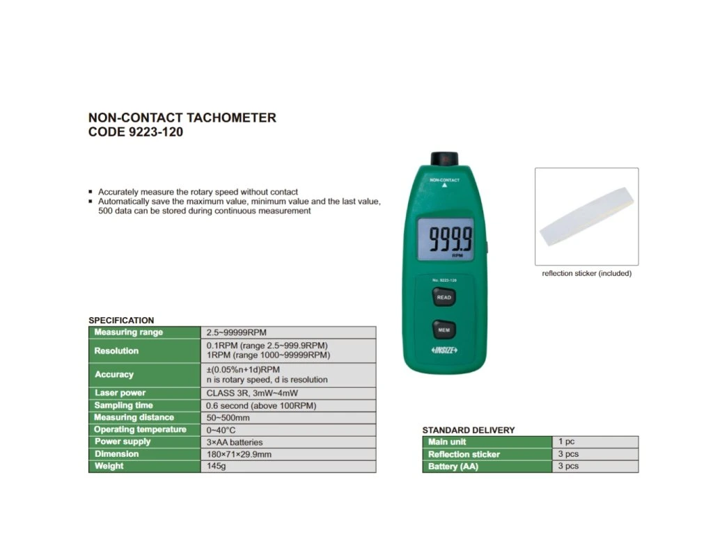 Tahometru digital fara contact INSIZE 2,5–99999 RPM, laser, memorie 500 valori [1]