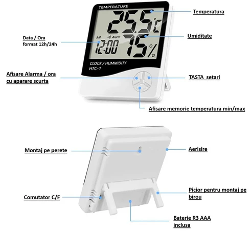 Termometru Higrometru digital HTC-1 temperatura -10°C la +50°C, umiditate 10% la 99% RH, data, ora, alarma [2]