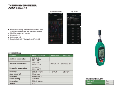 Termohigrometru digital INSIZE temperatura -20°C~60°C, umiditate 0-80% RH, Bluetooth [1]