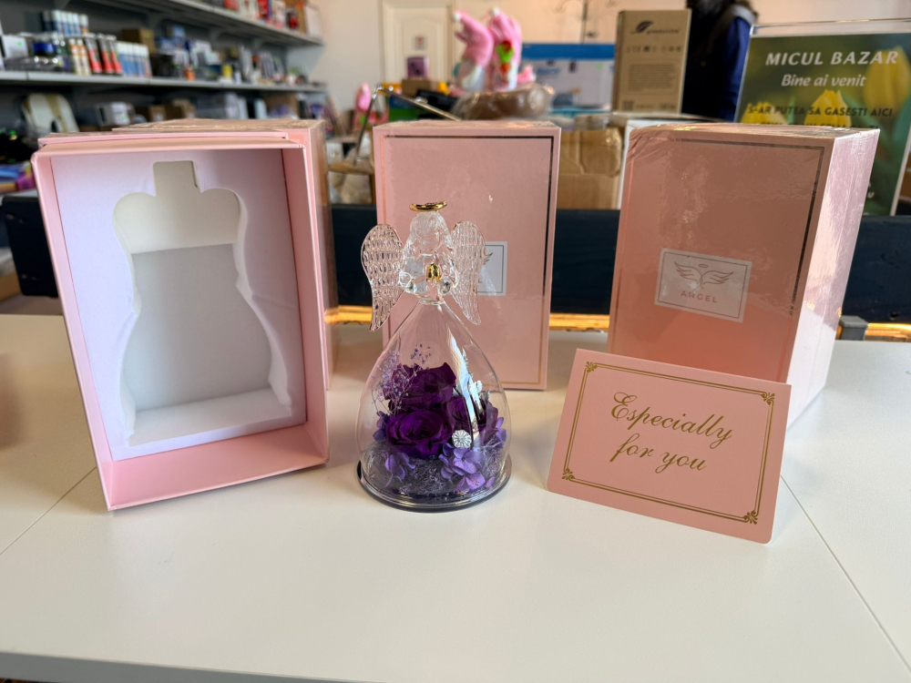 Figurină Înger din sticlă cu trandafiri eterni mov, cadou elegant pentru femei [2]