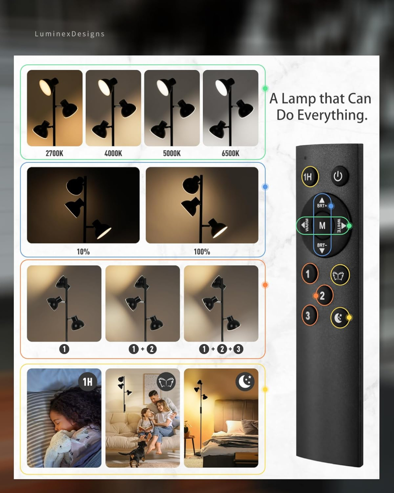Lampă de podea LED modernă, 36W, 2800LM, 3 capete reglabile, telecomandă [5]