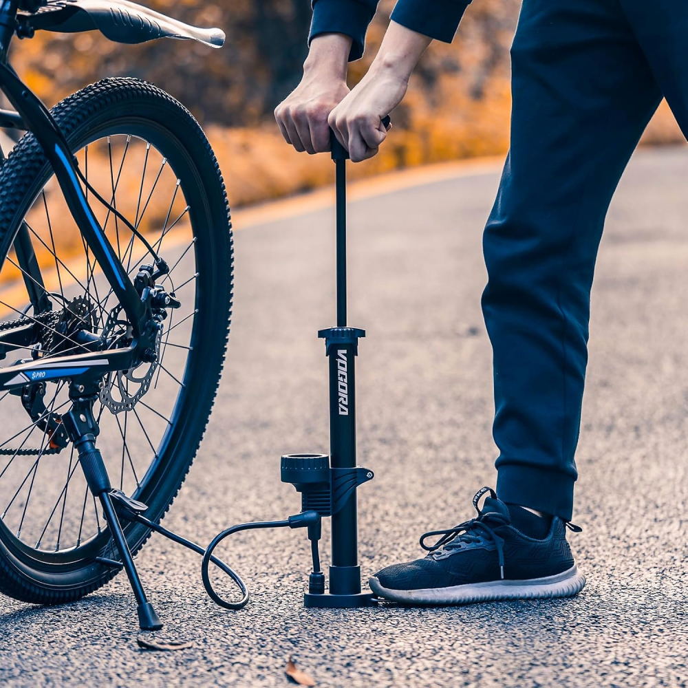 Pompă de picior portabilă VOGORA pentru bicicletă, cu manometru precis, 160 PSI, supapă dublă Presta & Schrader, bază rabatabilă, Negru [7]